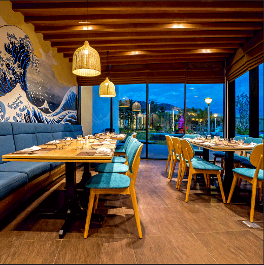 mẫu bàn ghế cafe mc149 trong không gian nội thất nhà hàng oceanami villas