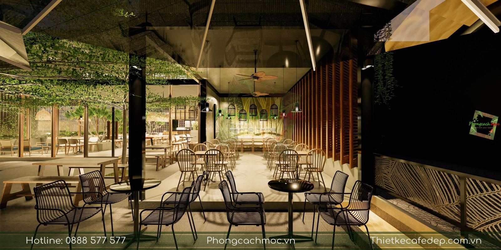 thiết kế không gian ngoài trời quán cafe có mái che