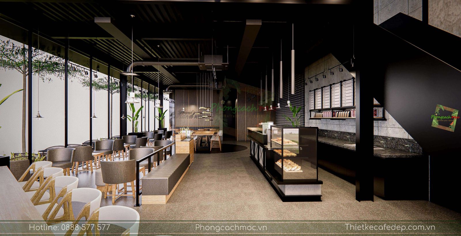 thiết kế 3d tầng 1 quán cafe hiện đại