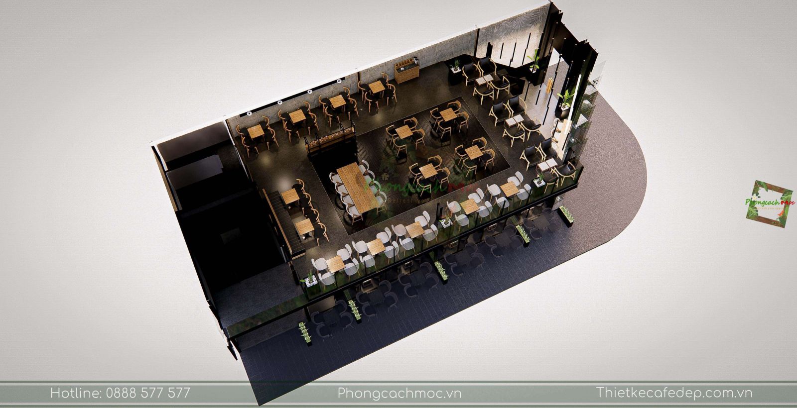 layout 3d thiết kế quán cafe hiện đại