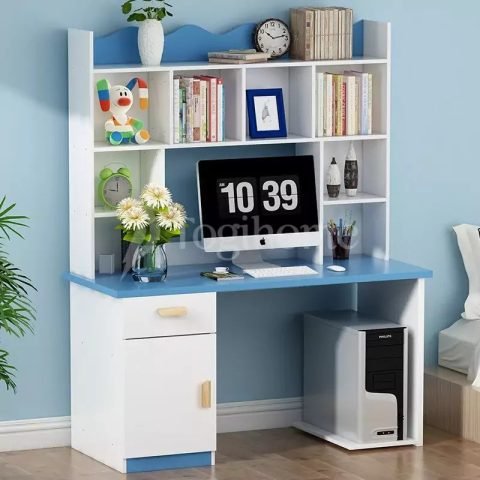 Bàn học sinh để máy tính có cấu tạo cơ bản với kệ, ngăn kéo và khe đi dây