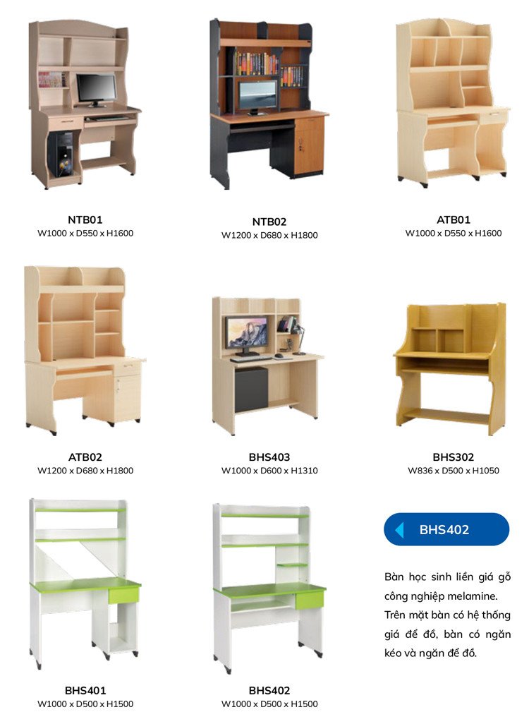 Bàn học sinh với giá sách tích hợp, chất liệu gỗ công nghiệp, màu vân gỗ sáng, giúp tối ưu không gian học tập.