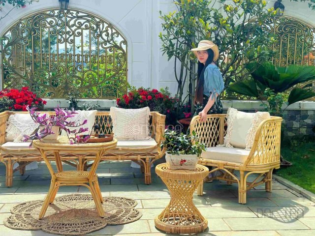 Bộ bàn ghế mây tre ngoài trời phong cách vintage