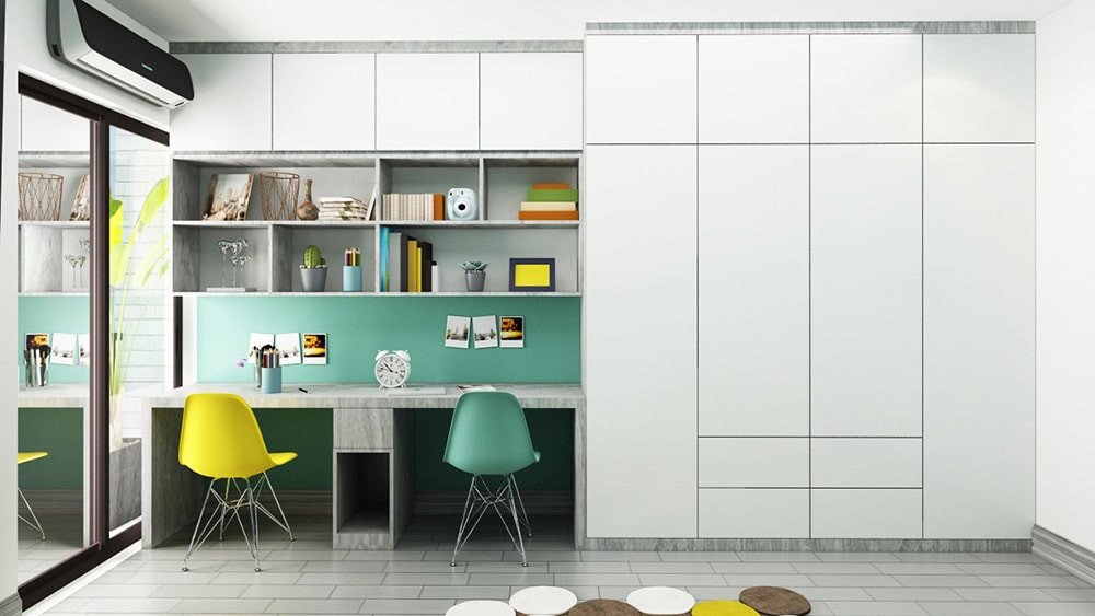 Giường tầng đôi tích hợp bàn học và kệ sách tiện lợi