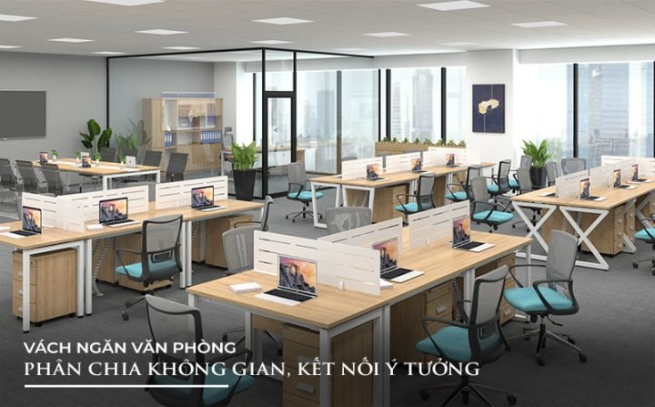 Không gian văn phòng hiện đại với vách ngăn bàn làm việc giúp tăng cường sự tập trung và riêng tư cho nhân viên.