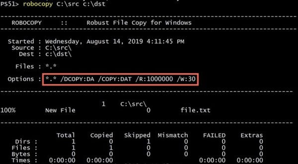 Ví dụ lệnh Robocopy sao chép thư mục trong Command Prompt