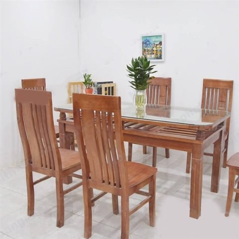 Bàn ăn gỗ xoan ta mặt kính 6 ghế thiết kế truyền thống