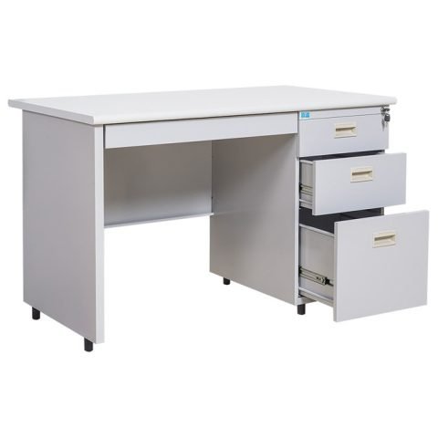 Bàn làm việc bằng sắt với mặt gỗ laminate và hộc tủ