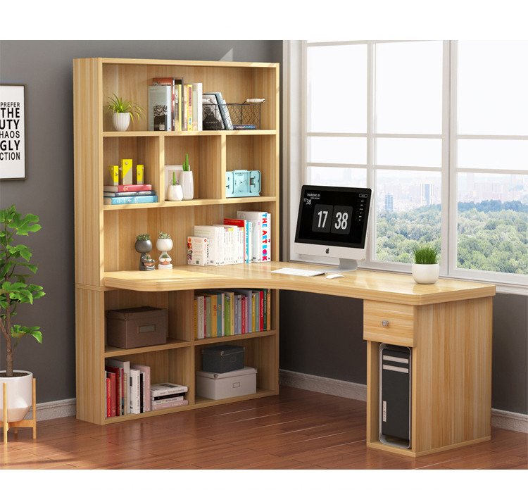 Bàn làm việc chữ L liền giá sách BLV01 với nhiều ngăn kệ