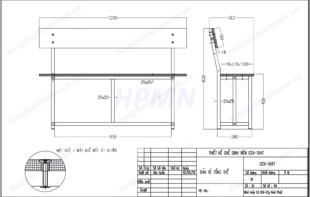 Bản vẽ kỹ thuật chi tiết cho ghế tựa sinh viên