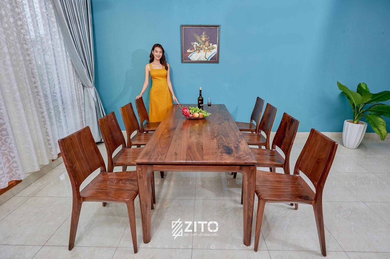 Bộ bàn ăn 8 ghế bằng gỗ óc chó với thiết kế hiện đại