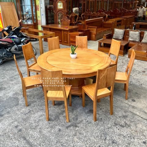 Bộ bàn ăn gỗ gõ đỏ mặt tròn 8 ghế, tạo điểm nhấn ấm cúng cho phòng bếp