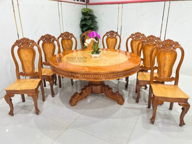 Bộ bàn ăn tròn gỗ căm xe hoàng gia cao cấp với 8 ghế, mặt bàn gõ đỏ chạm khắc tinh xảo