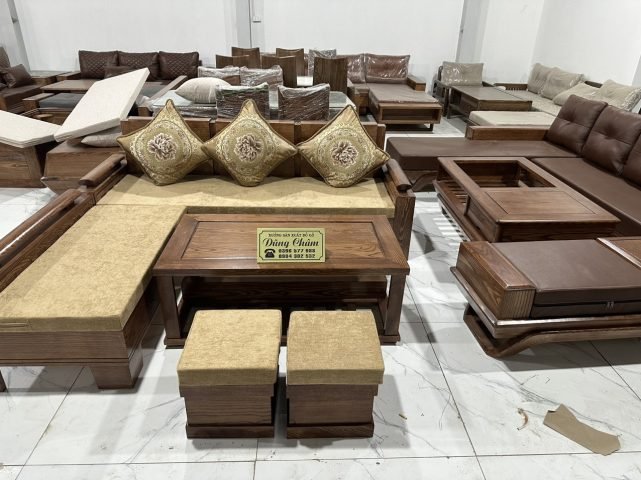 bộ bàn ghế gỗ phòng khách nhỏ giá rẻ với thiết kế sofa văng góc hiện đại