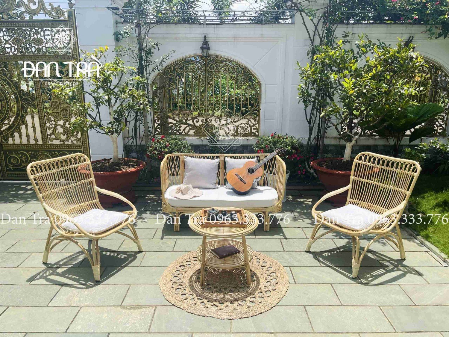 Bộ bàn ghế mây tre đan caro truyền thống, phong cách cổ điển cho không gian phòng khách