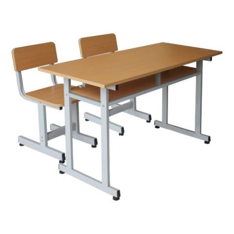 Bộ bàn ghế ngồi học Hòa Phát BHS110 màu vân gỗ dành cho hai học sinh với khung thép chắc chắn và mặt bàn gỗ melamine bền đẹp
