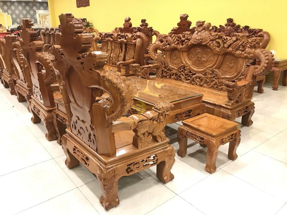 Bộ bàn ghế rồng đỉnh gỗ gõ đỏ tay cột 12 thể hiện sự uy nghi