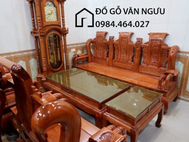 Bộ bàn ghế Tần Thủy Hoàng gỗ gõ đỏ BG08 với chạm khắc rồng phượng tinh xảo