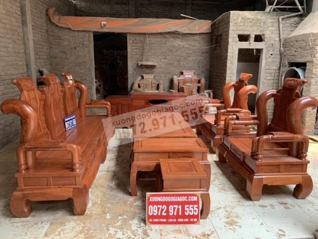Bộ bàn ghế Tần Thủy Hoàng tay liền cột 14 gỗ hương đá tổng thể