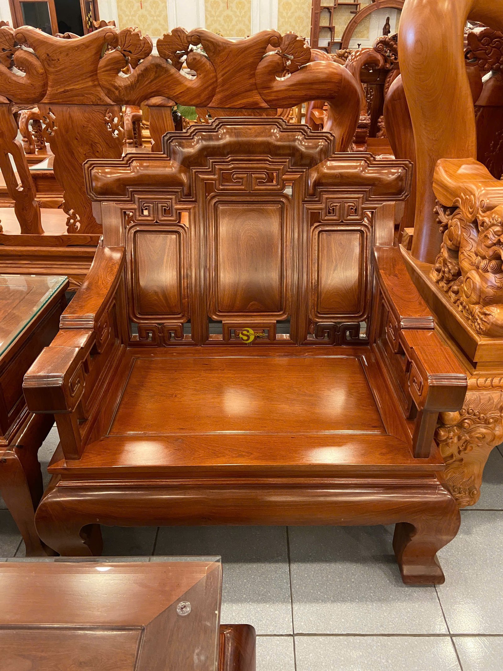 Bộ bàn ghế triện mây gỗ giáng hương Lào 6 món chân 12, bộ ghế hoàn chỉnh