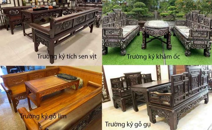 Bộ bàn ghế trường kỷ gỗ gụ chạm khắc tinh xảo, thể hiện các loại hình và mẫu mã phổ biến của nội thất truyền thống Việt Nam.