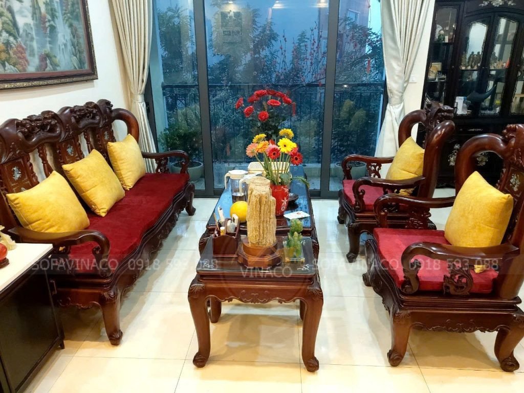 Bộ đệm ghế gỗ vải nhung vân đá đẳng cấp cho phòng khách