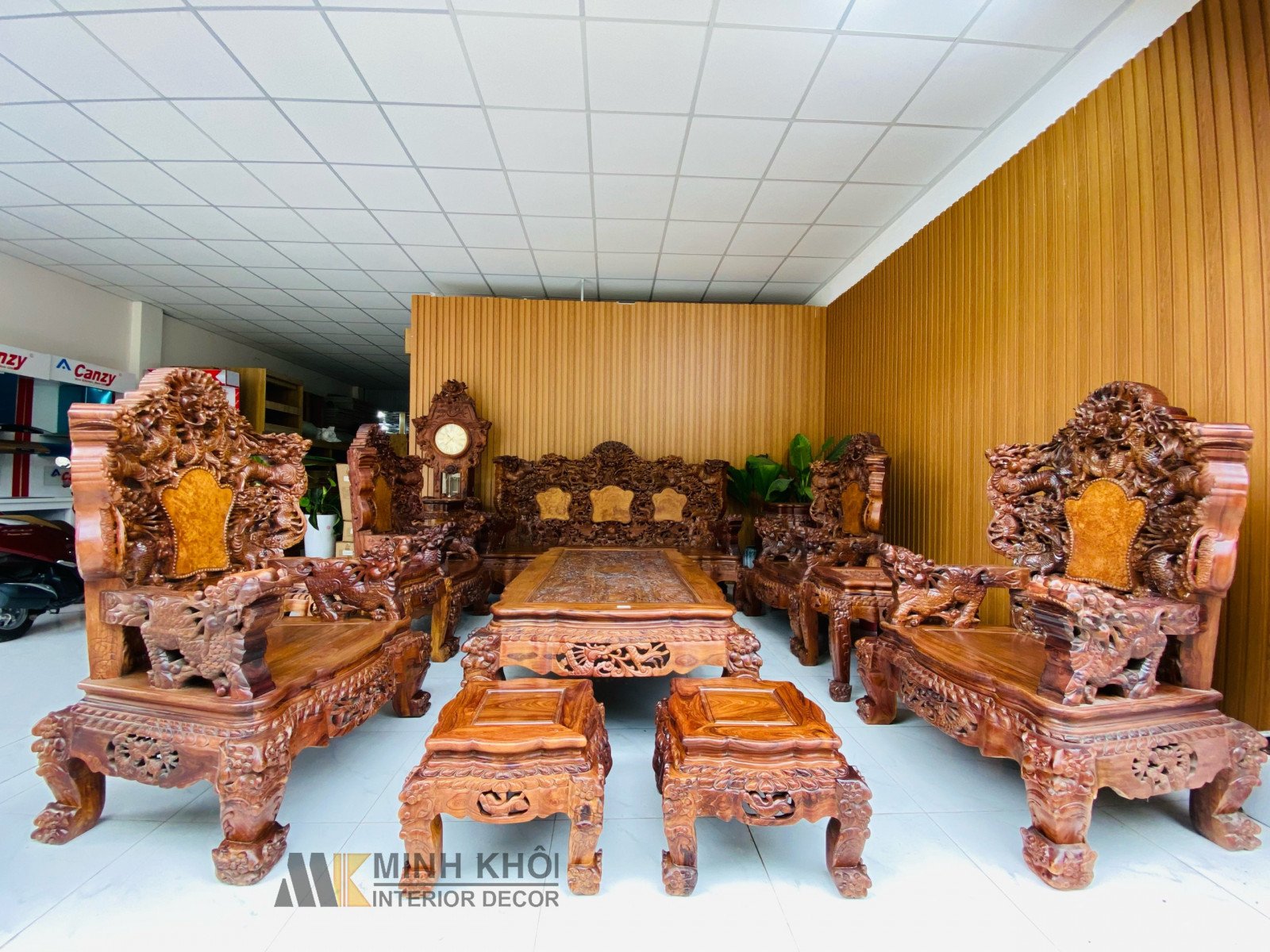 Bộ ghế gỗ cẩm lai chạm Cửu Long 12 món đẳng cấp