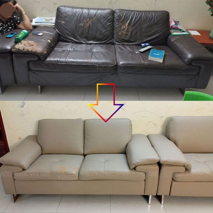 Bộ ghế sofa da bị nứt nẻ được thay vỏ bọc da mới