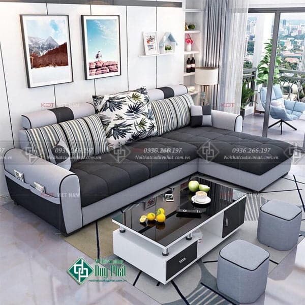 Bộ sofa góc bọc nỉ màu xanh xám hiện đại cho khu vực tiếp khách