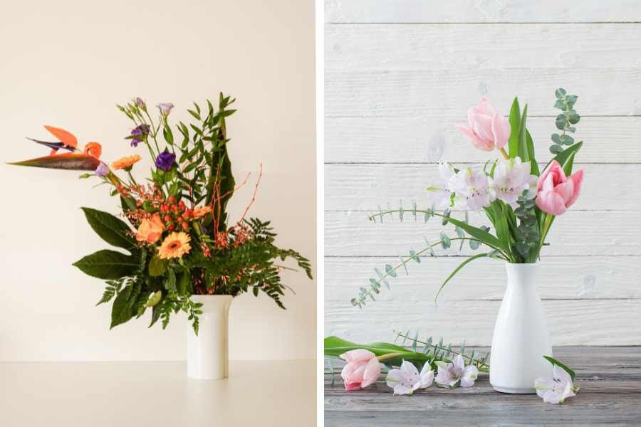 Cắm hoa để bàn uống nước bằng bình cao rất lạ mắt