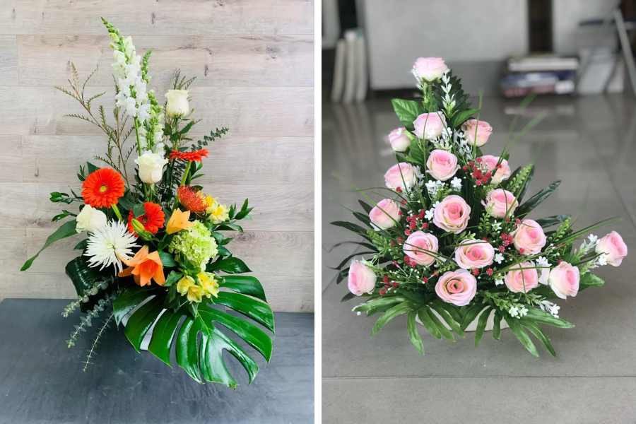 Cắm hoa hình chóp nón để bàn uống nước