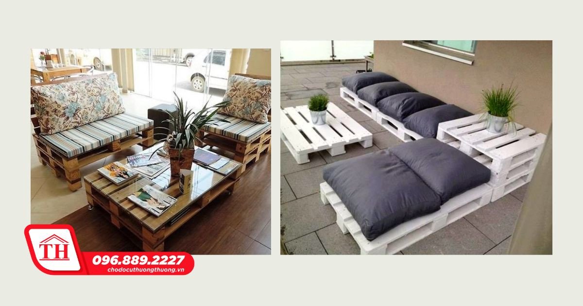 Chi tiết các thanh gỗ pallet được ghép nối tạo thành một bộ sofa