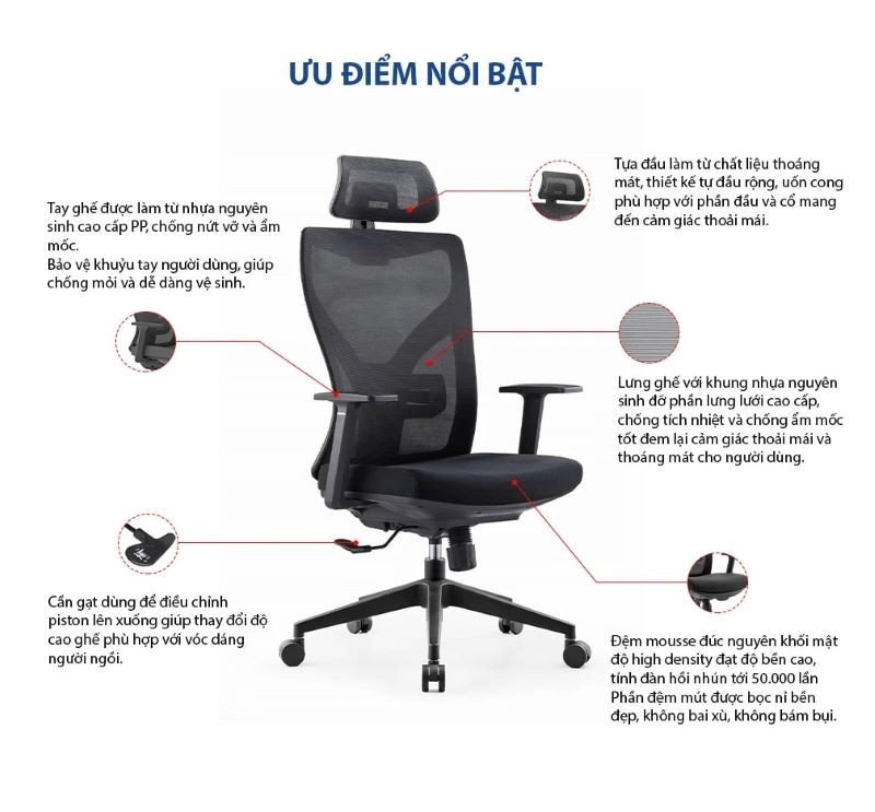 Ghế công thái học Ryan R02TD với tựa cổ điều chỉnh, giúp giảm áp lực đáng kể lên vùng cổ và vai.