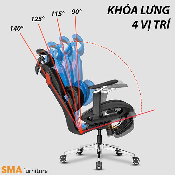 Ghế gaming công thái học có khả năng ngả lưng 140 độ