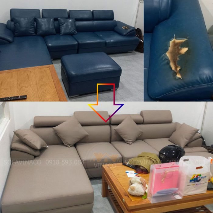 Ghế sofa bị rách do tàn thuốc được bọc da mới tại một khu dân cư