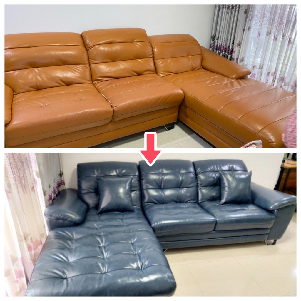 Ghế sofa da màu be sang trọng sau khi bọc lại, đặt trong phòng khách hiện đại