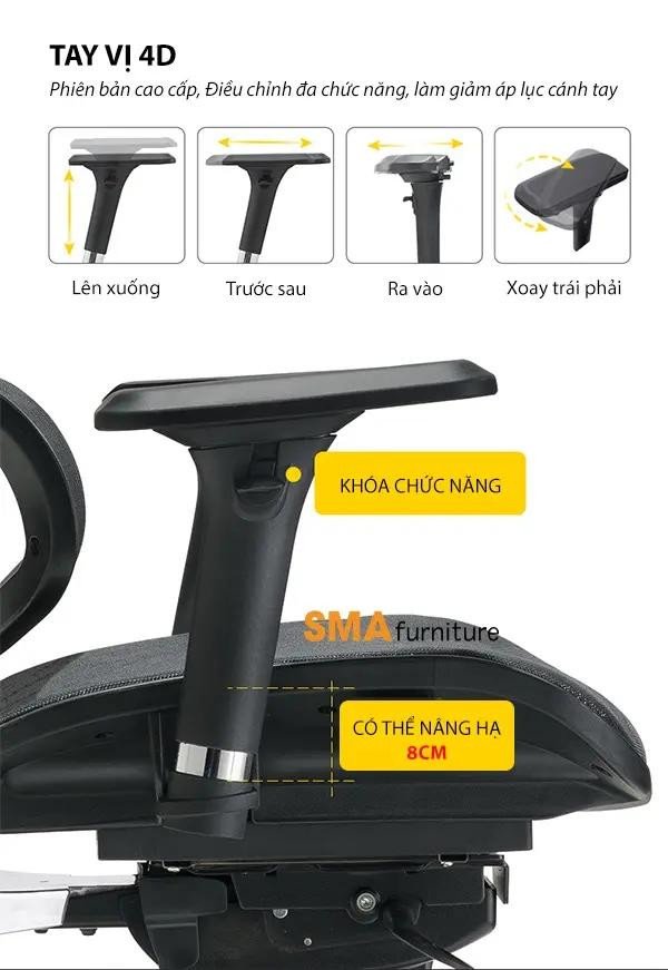 Ghế tựa chống mỏi lưng có bộ phận tựa tay 3D, 4D xoay linh hoạt