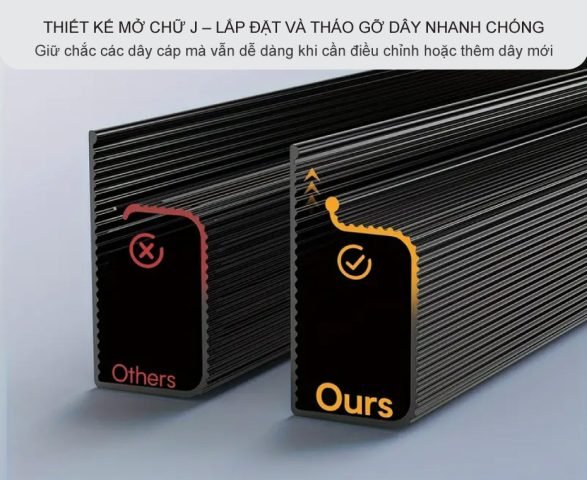 Khay đi dây điện bàn làm việc chữ J với các sợi cáp được sắp xếp gọn gàng