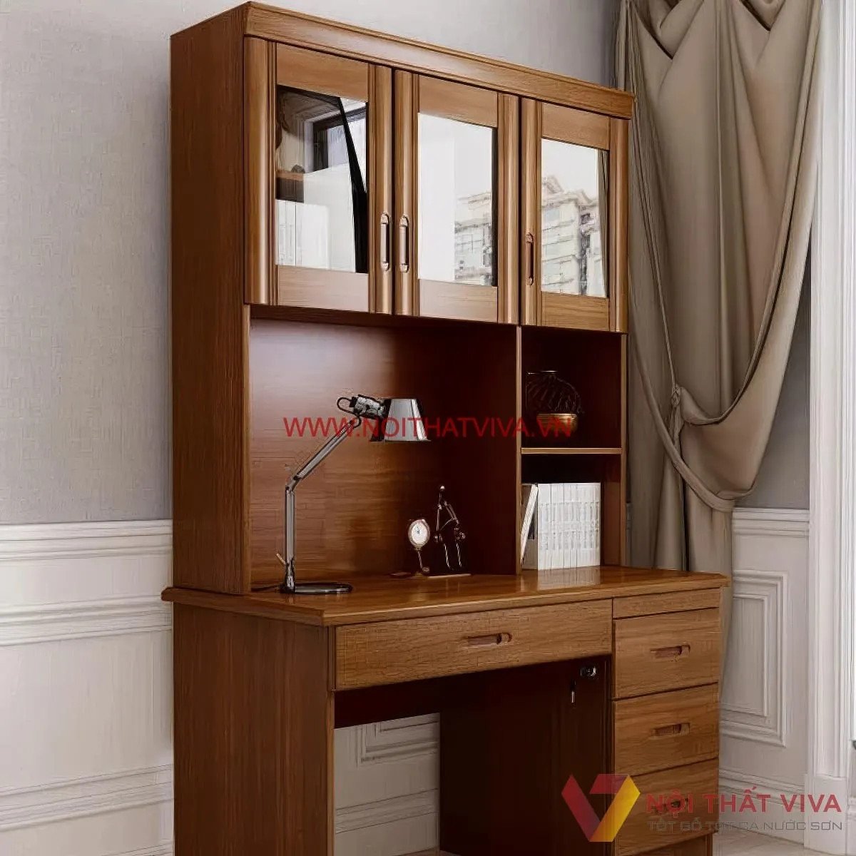 Mẫu bàn học sinh bằng gỗ óc chó cao cấp tích hợp giá sách