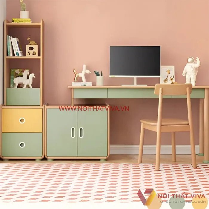Mẫu bàn học sinh bằng gỗ tự nhiên có giá sách liền tiện lợi và hiện đại