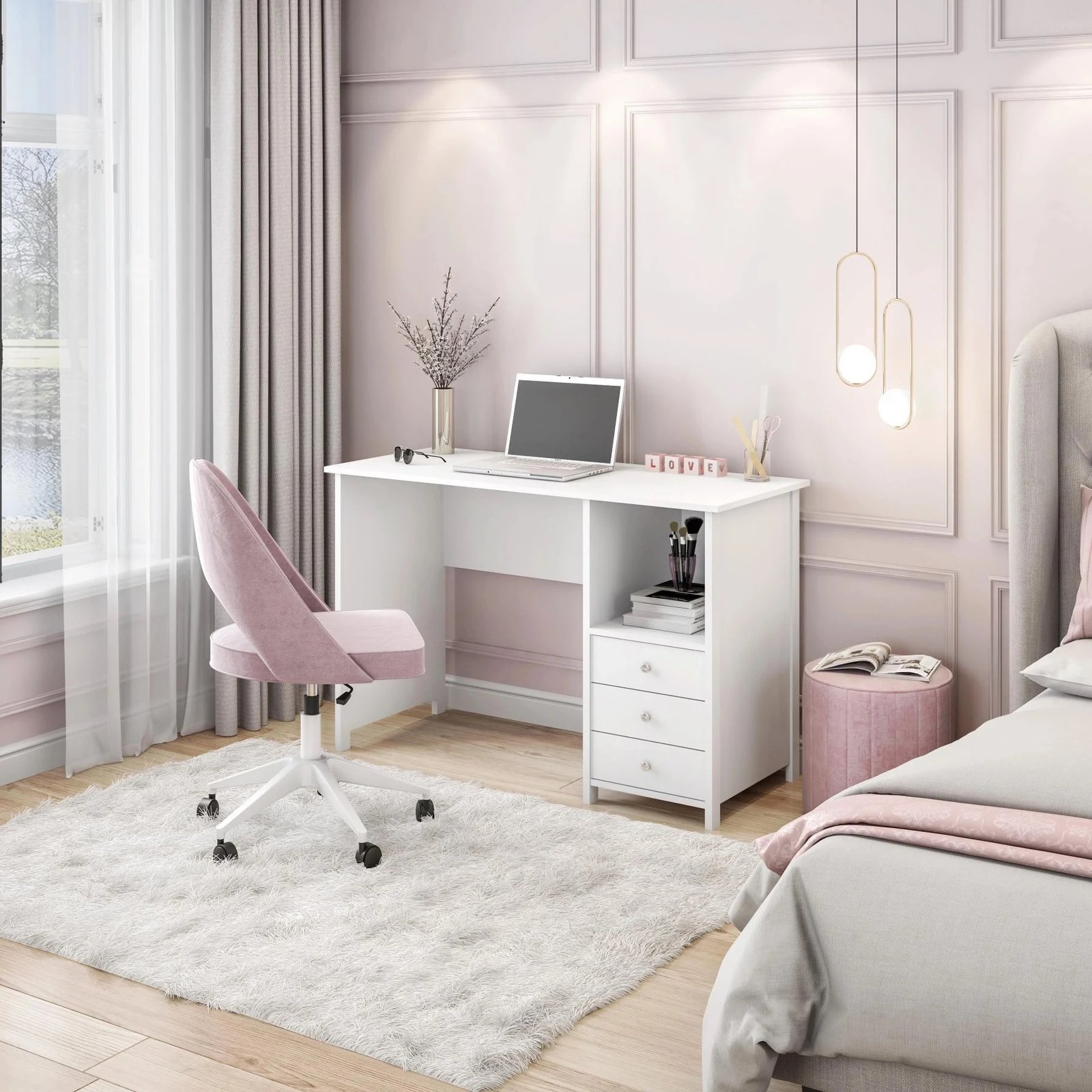 Thiết kế bàn làm việc văn phòng màu trắng kết hợp tủ đồ tiện lợi, phù hợp cho không gian làm việc tại nhà hoặc văn phòng.