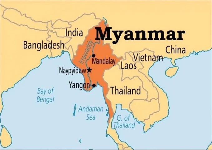 Bản đồ hành chính Myanmar với các bang và vùng