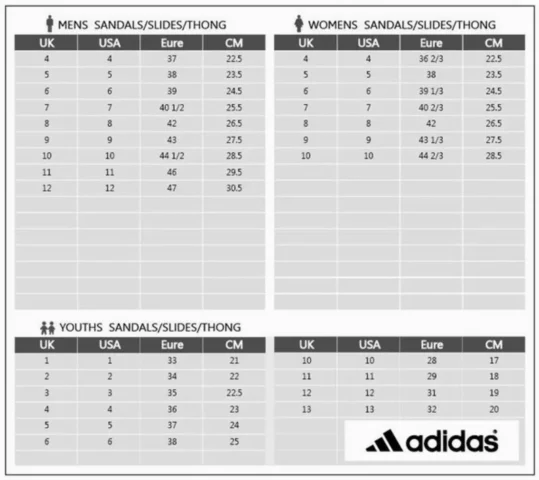 Bảng size dép Adidas chi tiết