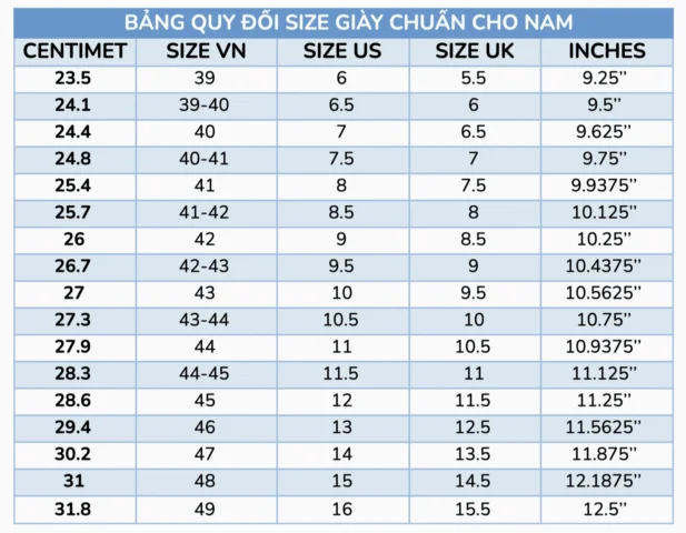 Bảng size giày nam chi tiết