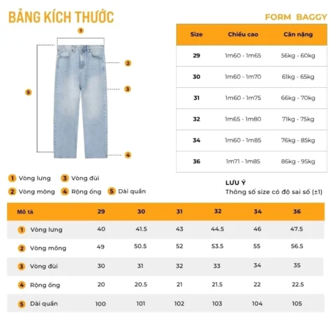 Bảng size quần jeans nam form baggy