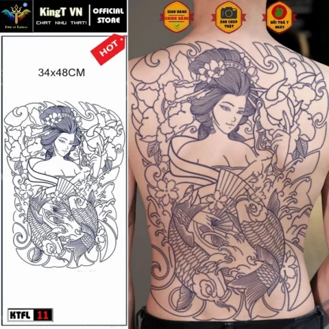 Chi tiết hình xăm full lưng nữ Nhật cổ phức tạp