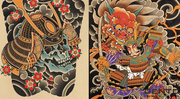 Chi tiết hình xăm samurai với phong cách blackwork