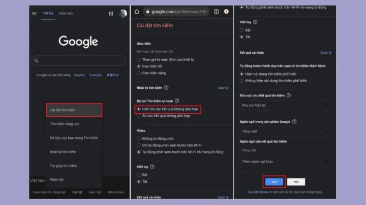 Giao diện cài đặt Tìm kiếm An toàn của Google