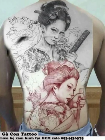 Hình xăm full lưng nữ Nhật cổ với Geisha và hoa anh đào