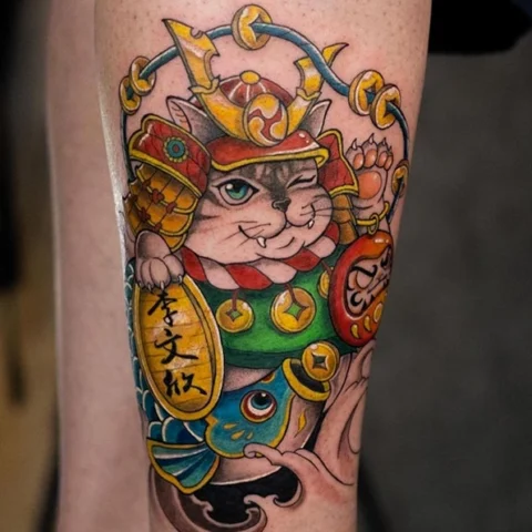 Hình xăm Mèo Thần Tài Samurai phong cách Chibi đáng yêu